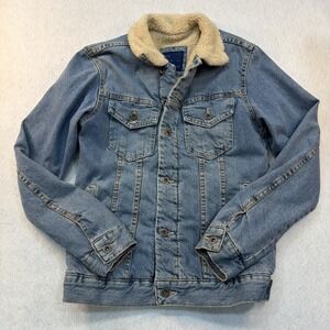 Zara Man Blue Denim Faux Shearling Collar Trucker Jacket Small S
